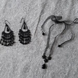 Black chandelier earrings and ribbon necklace
